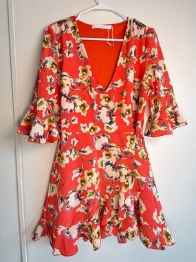 Zara Trafaluc Floral Coral Orange Bell Sleeve Summer Vacation Romper | Large
